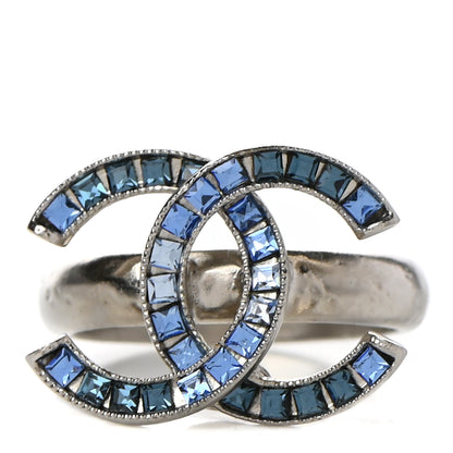 Chanel Crystal Baguette CC Ring 6 Blue Silver 1 of 7