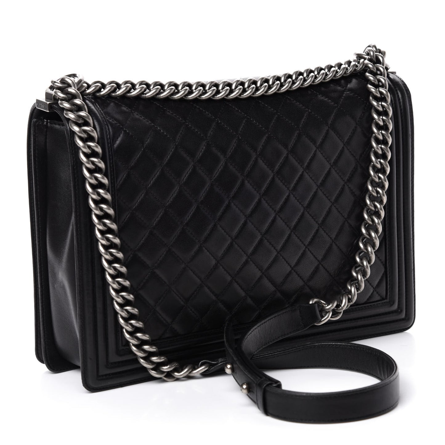 Lambskin Quilted Large Boy Flap Black