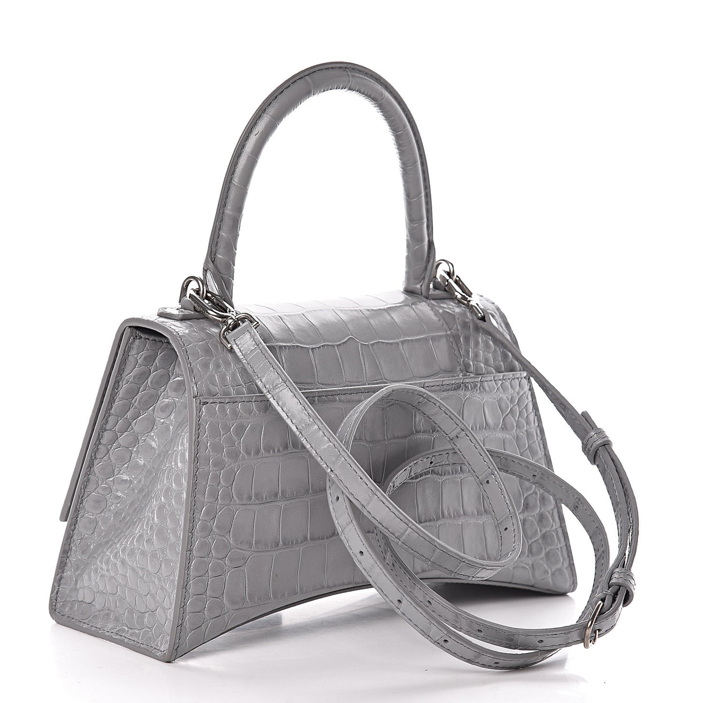 Shiny Calfskin Crocodile Embossed Small Hourglass Top Handle Bag Balenciaga Grey