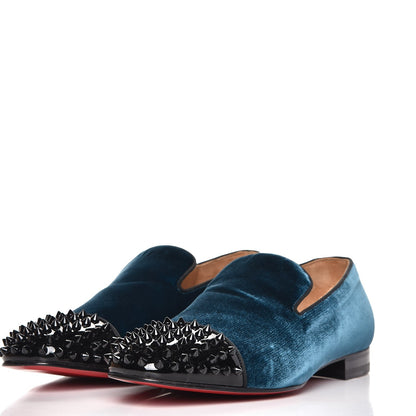 Christian Louboutin Mens Patent Velvet Spooky Spike Flat Loafers 42 Black Peacock 3 of 9