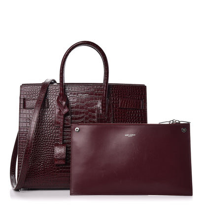 Saint Laurent Calfskin Crocodile Embossed Small Sac de Jour Wine 3 of 15