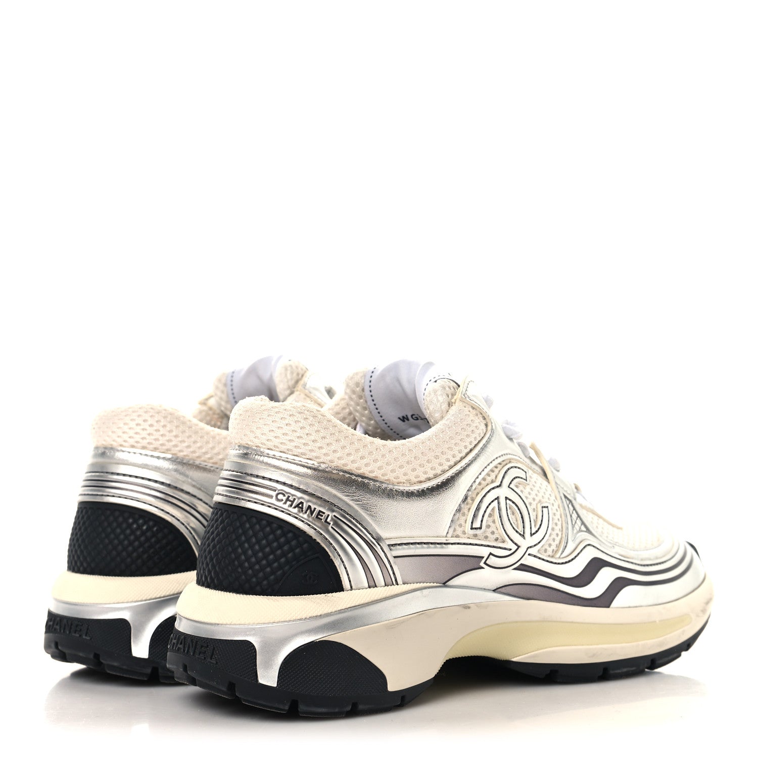 Chanel Fabric Laminated Calfskin Stretch CC Womens Sneakers 36 White Silver 5 of 8