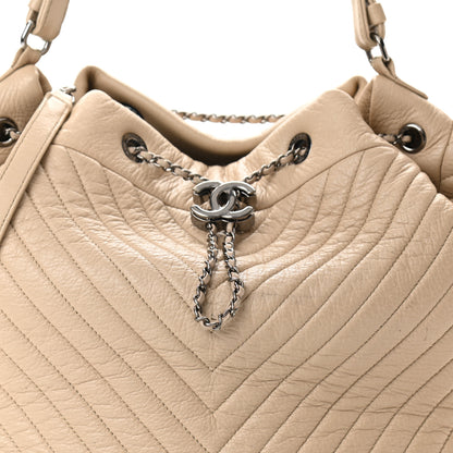 Chanel Deerskin Chevron Large CC Chain Bucket Drawstring Bag Beige 7 of 11
