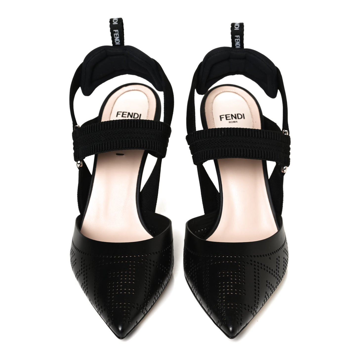 FF Perforated Calfskin Slingback Mid-Heel Pumps 38 Black