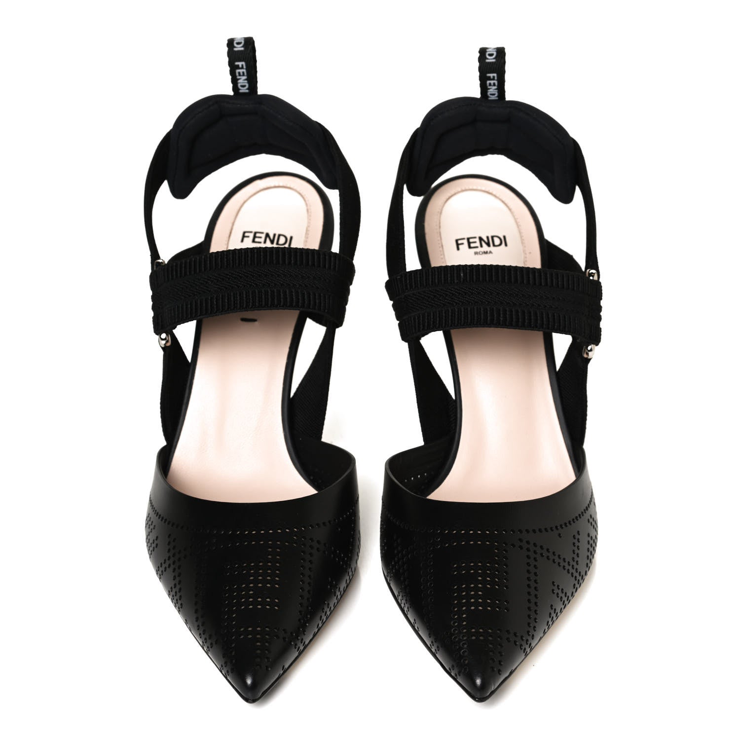 Fendi FF Perforated Calfskin Slingback Mid-Heel Pumps 38 Black 5 of 10