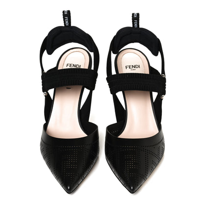 Fendi FF Perforated Calfskin Slingback Mid-Heel Pumps 38 Black 5 of 10