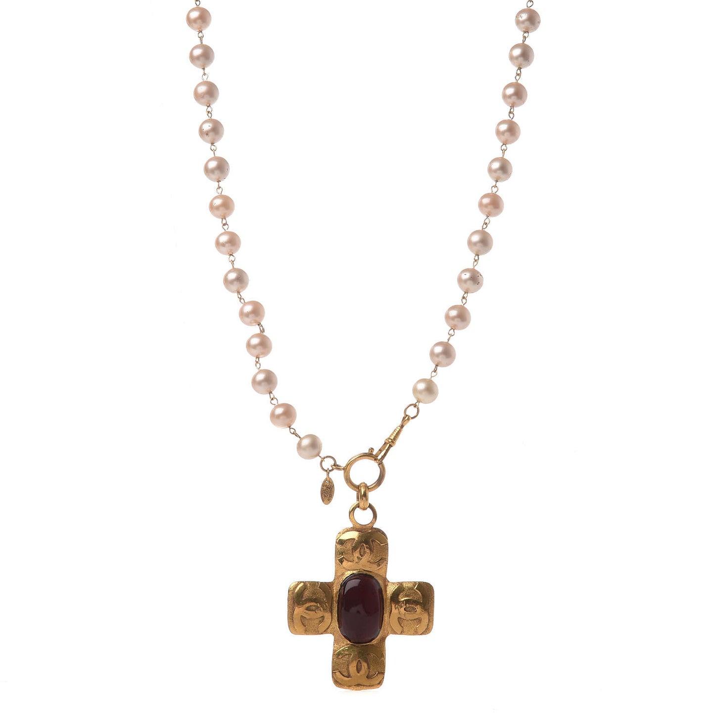 Pearl CC Cross Pendant Necklace Gold