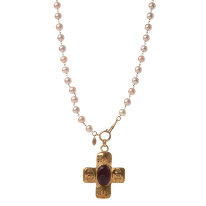 Chanel Pearl CC Cross Pendant Necklace Gold 1 of 6