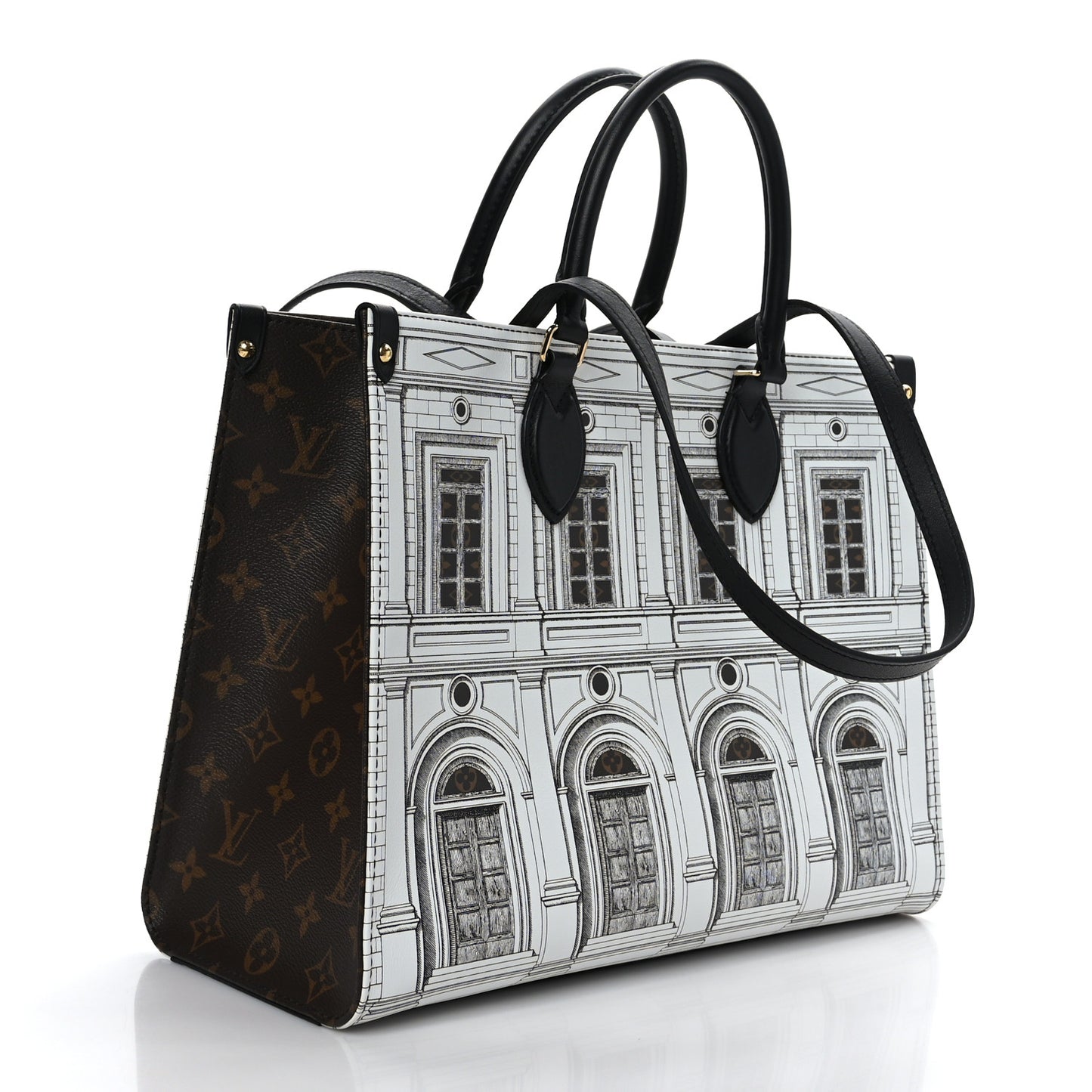 X FORNASETTI Calfskin Architettura Onthego MM Black White