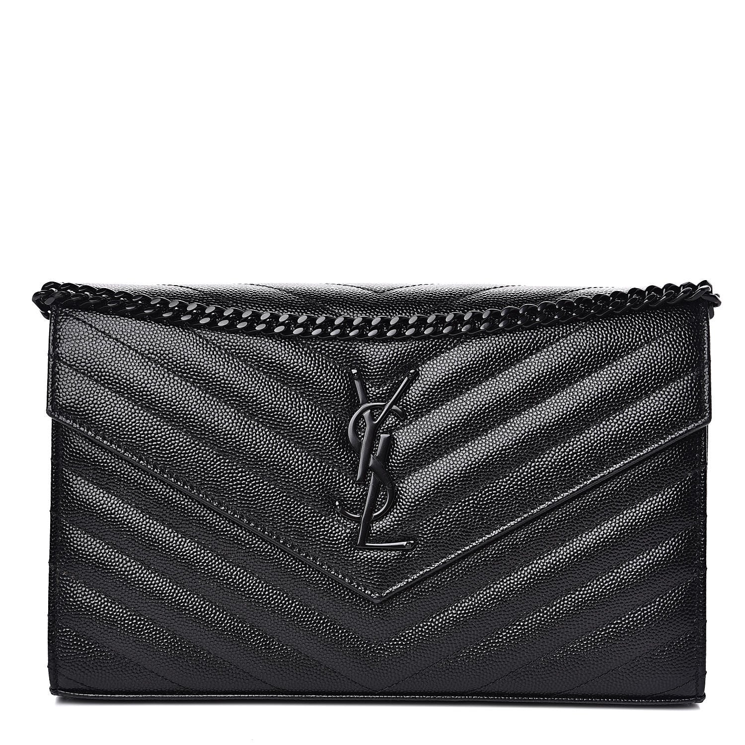 Saint Laurent Grain De Poudre Matelasse Chevron Monogram Chain Wallet Black 1 of 11