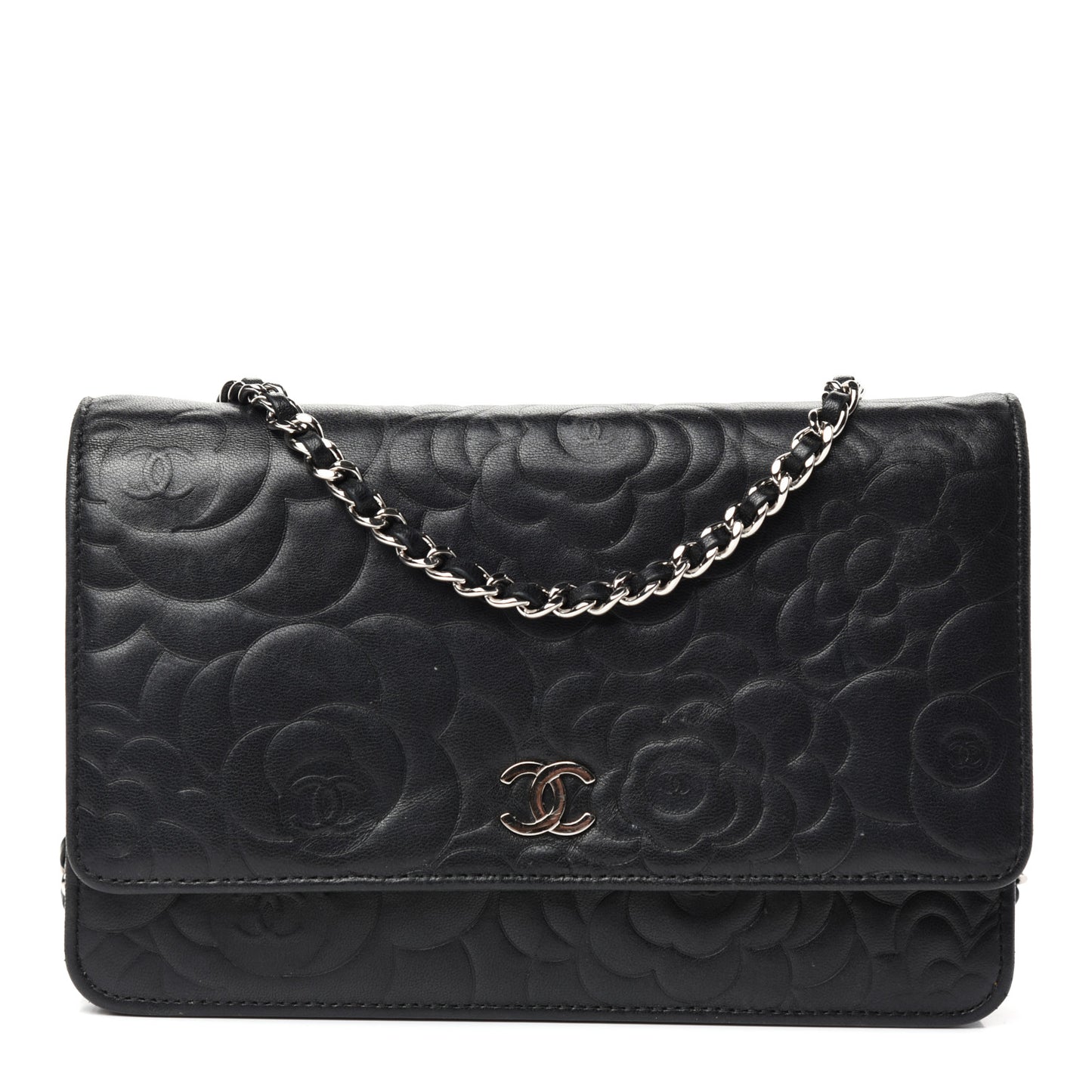 Lambskin Camellia Embossed Wallet on Chain WOC Black