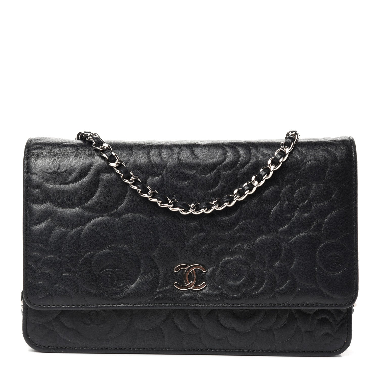 Chanel Lambskin Camellia Embossed Wallet on Chain WOC Black 1 of 10