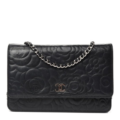 Chanel Lambskin Camellia Embossed Wallet on Chain WOC Black 1 of 10