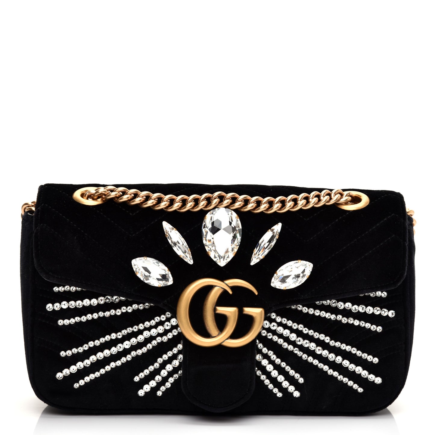 Velvet Matelasse Marquise Crystals Embroidered Small GG Marmont Shoulder Bag Black