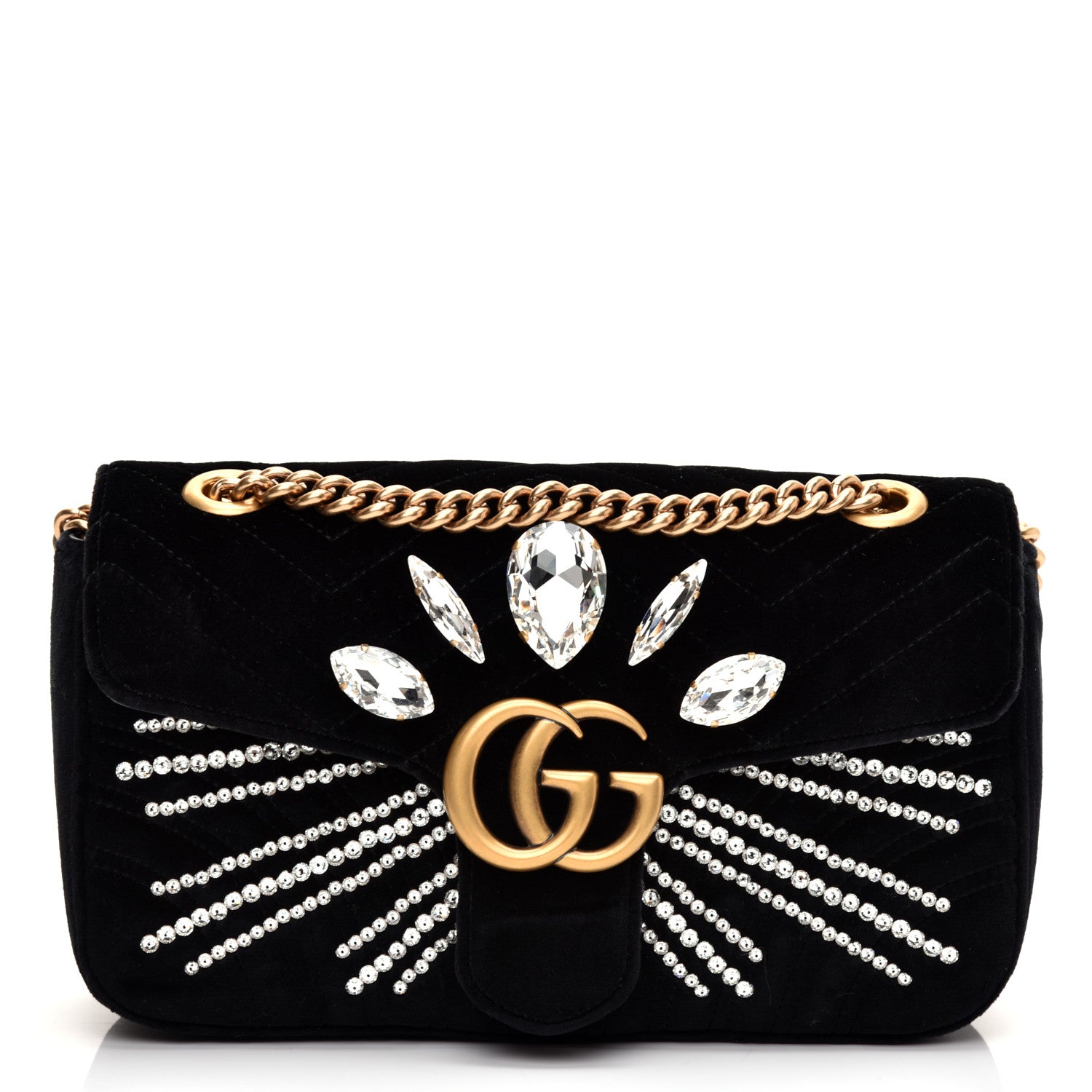Gucci Velvet Matelasse Marquise Crystals Embroidered Small GG Marmont Shoulder Bag Black 1 of 11