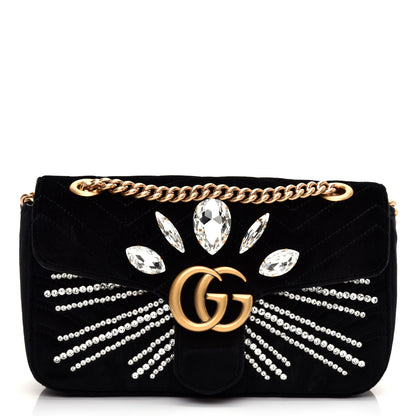 Gucci Velvet Matelasse Marquise Crystals Embroidered Small GG Marmont Shoulder Bag Black 1 of 11