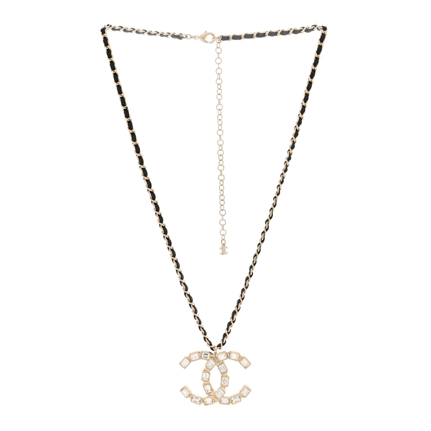 Lambskin Baguette Crystal CC Necklace Black Light Gold