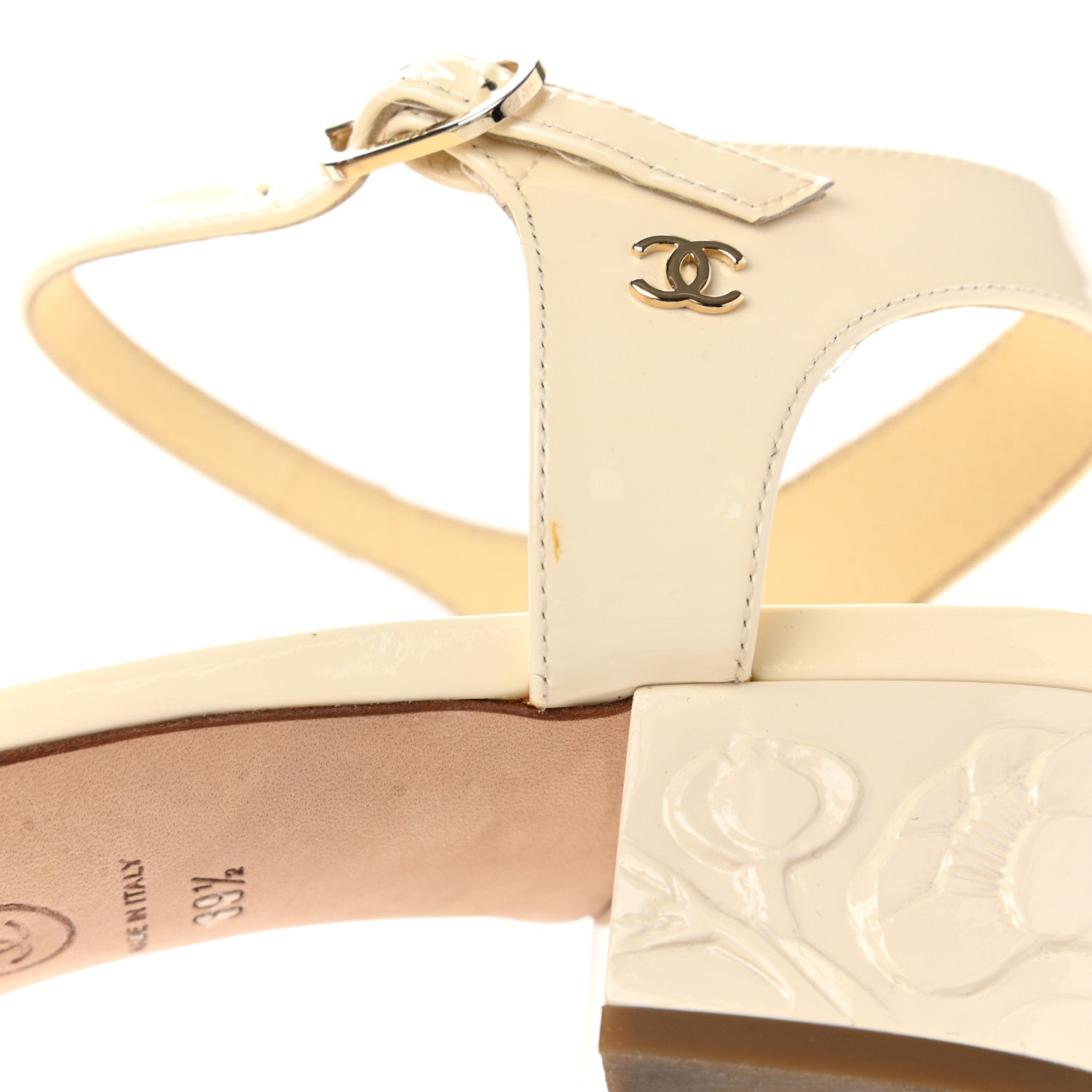 Chanel Patent Camellia Embossed Sandals 39.5 Ivory 12 of 12