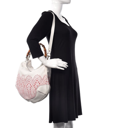 Gucci Canvas Embroidered Peggy Bamboo Top Handle Hobo White 3 of 15