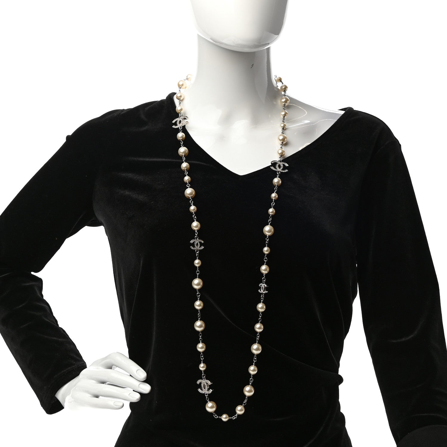 Chanel Crystal Pearl CC Long Necklace Silver 2 of 5