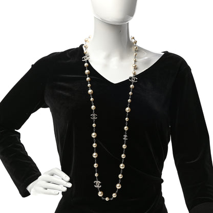Chanel Crystal Pearl CC Long Necklace Silver 2 of 5