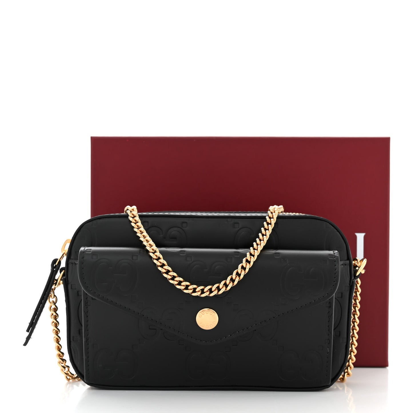 Calfskin GG Super Mini Debossed Chain Wallet Black