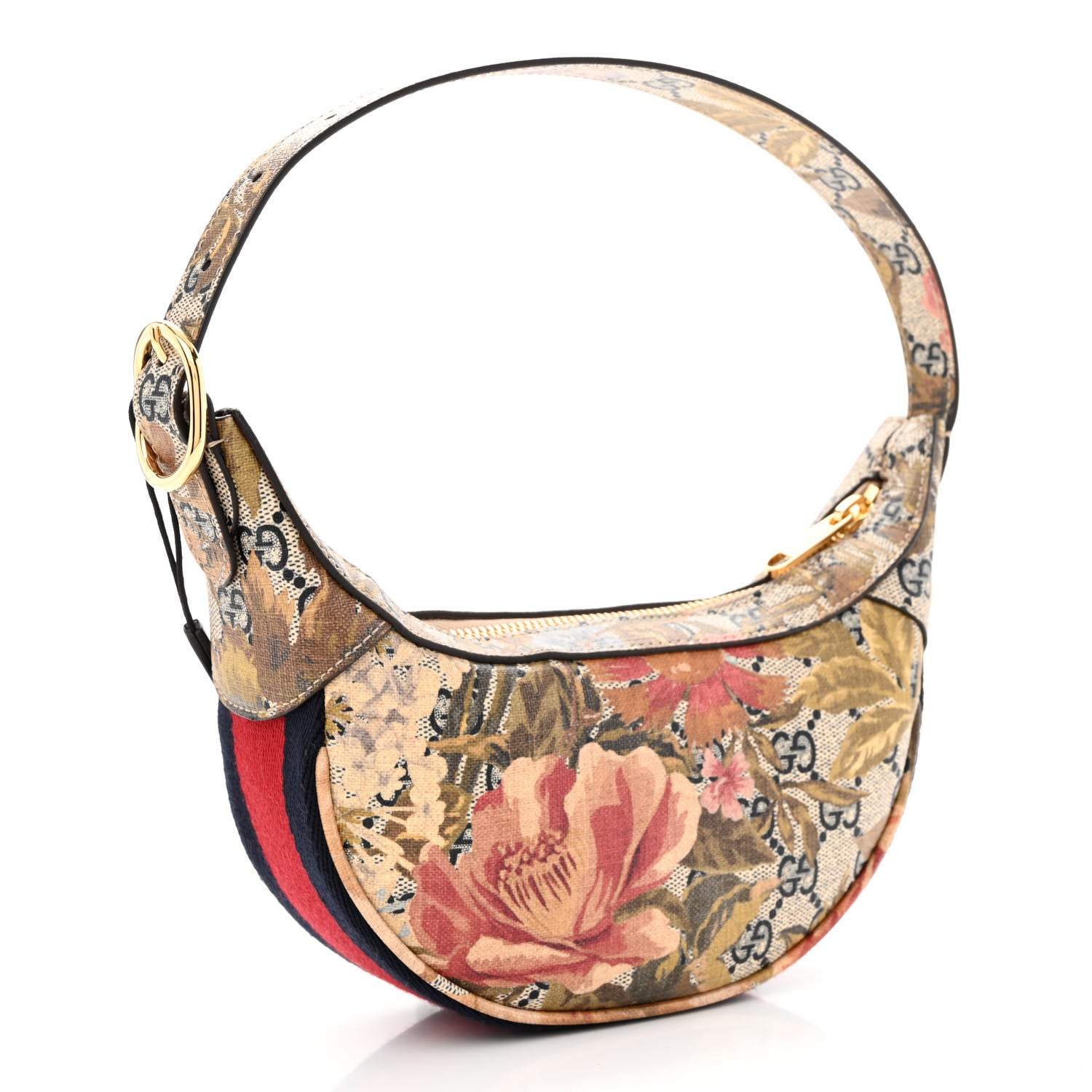 Gucci GG Supreme Monogram Water Flora Web Mini Ophidia Half Moon Hobo Beige Blue Multicolor 3 of 11