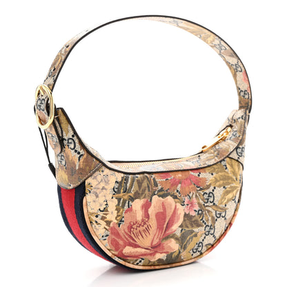 Gucci GG Supreme Monogram Water Flora Web Mini Ophidia Half Moon Hobo Beige Blue Multicolor 3 of 11
