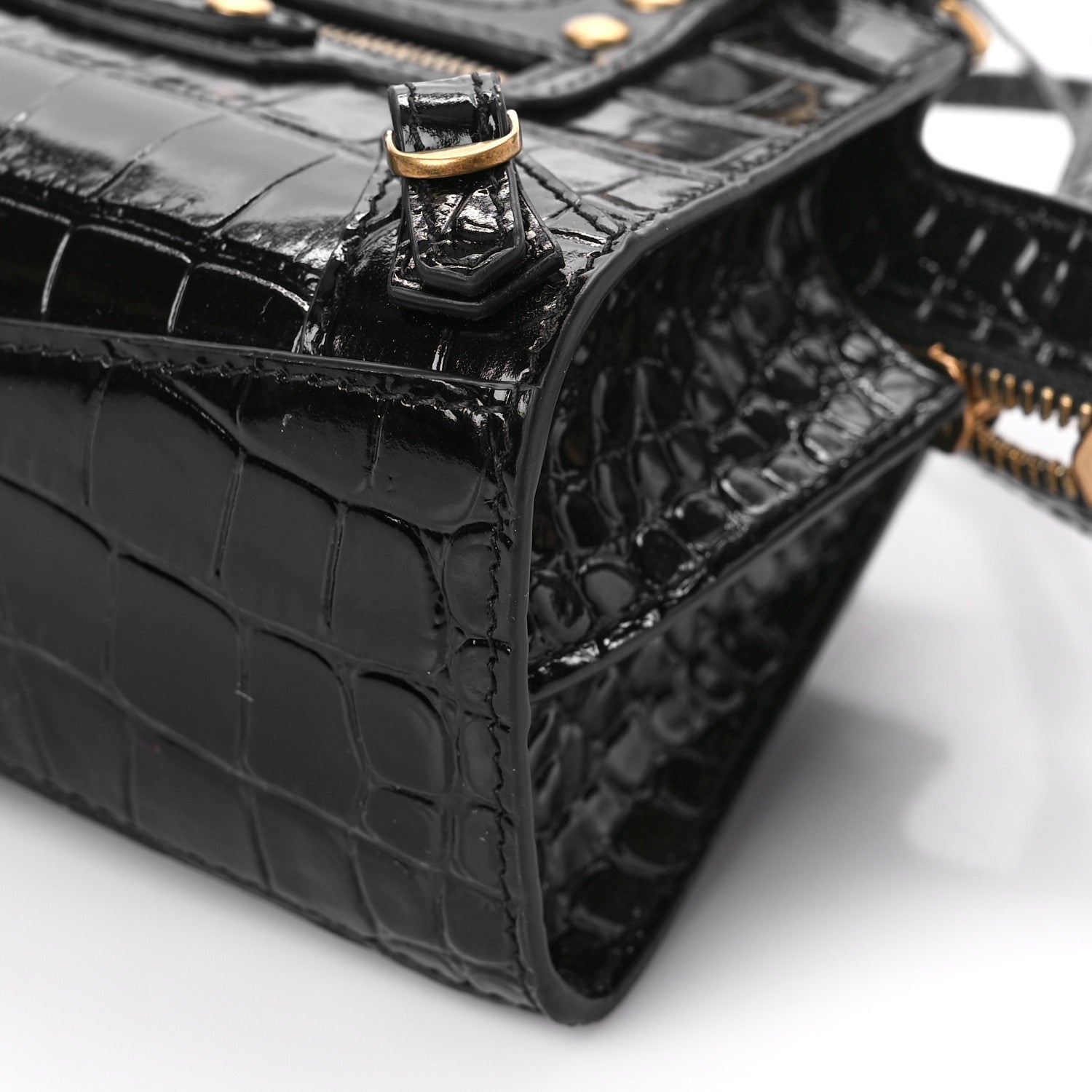 Balenciaga Shiny Supple Calfskin Crocodile Embossed Neo Classic Gold Hardware Nano City Crossbody Black 7 of 7