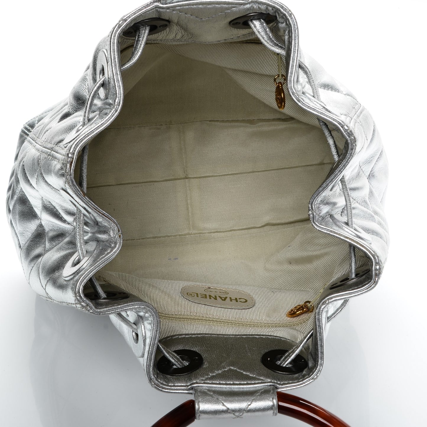 Metallic Lambskin Quilted Bekko Drawstring Tote Silver