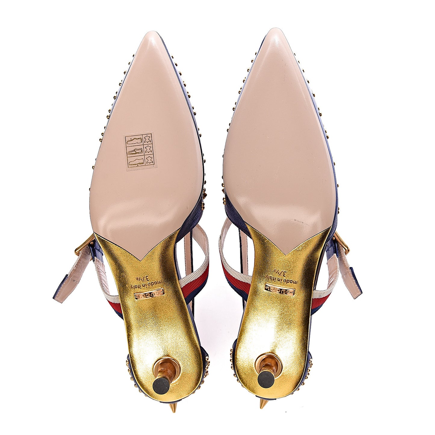 Metallic Nappa Silk Grosgrain Studded Sylvie Web Bamboo Low Heel Pumps 37.5 Sapphire