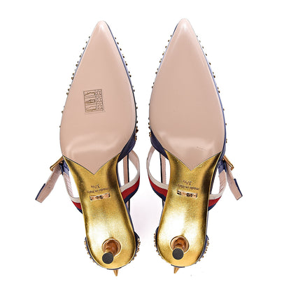 Gucci Metallic Nappa Silk Grosgrain Studded Sylvie Web Bamboo Low Heel Pumps 37.5 Sapphire 6 of 8