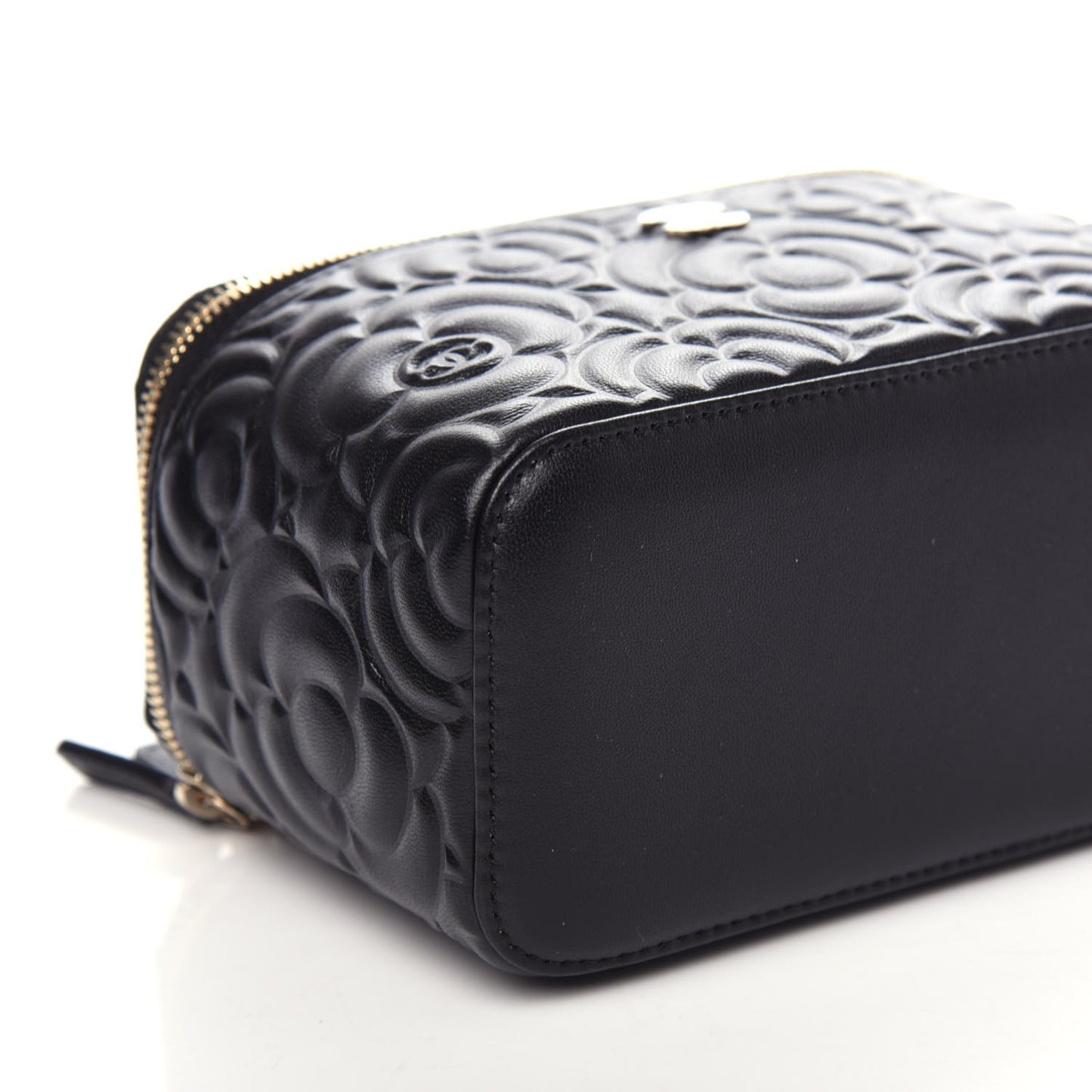 Goatskin Camellia Embossed Quilted Small Vanity Case With Chain Black