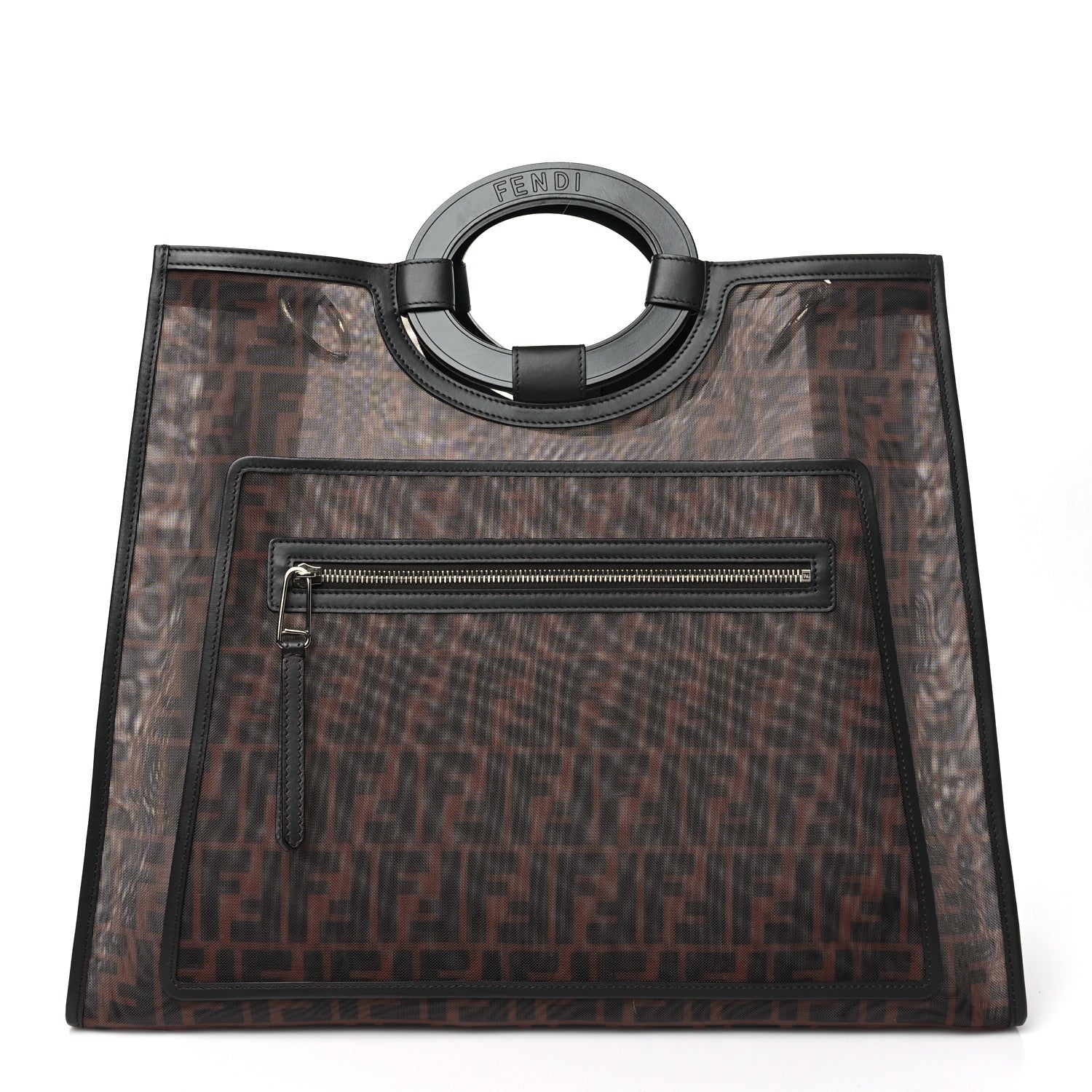 Fendi Mesh Vitello Century Cuoio FF 1974 Medium Runaway Shopper Tote Marrone Black Ebano 1 of 10