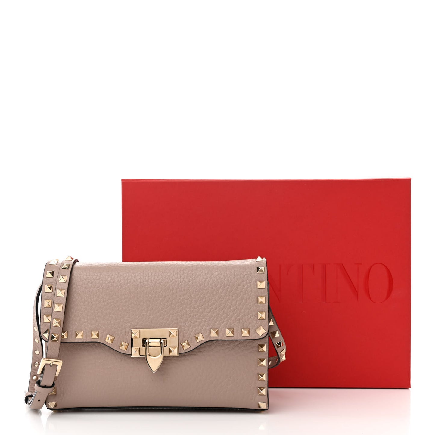 Pebbled Calfskin Medium Rockstud Flip Lock Crossbody Bag Poudre