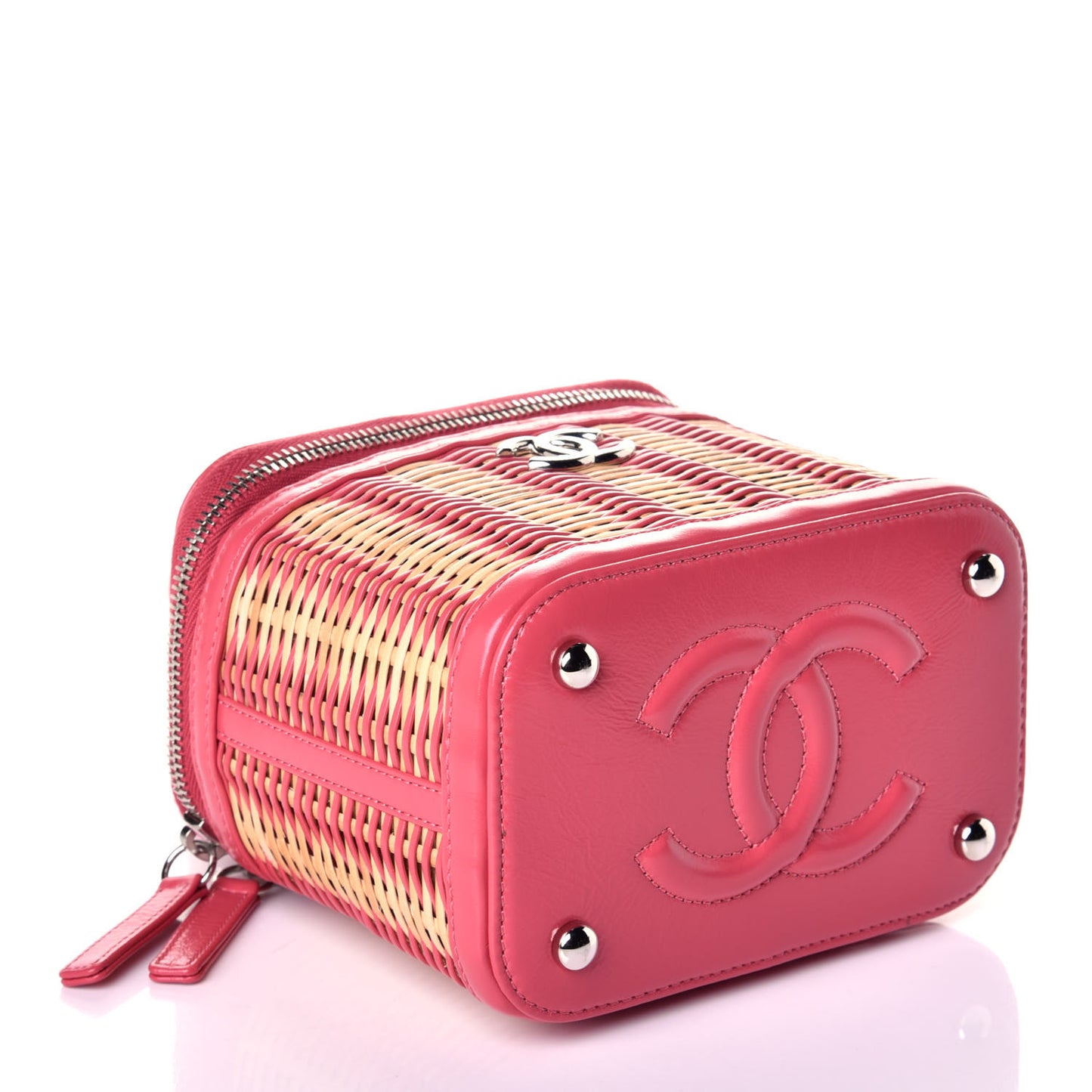 Calfskin Raffia Small Take Away Vanity Case Bag Pink Beige