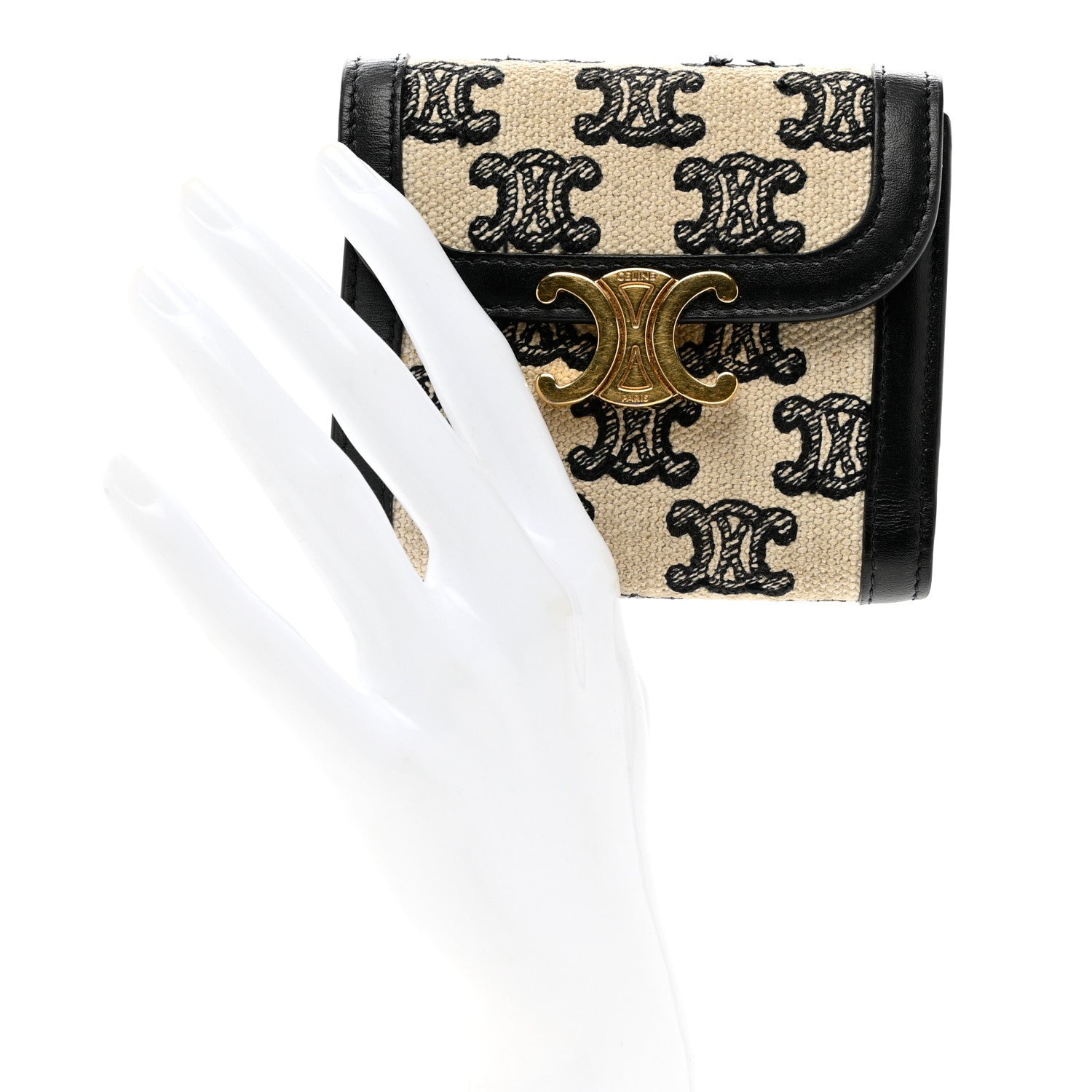 Celine Calfskin Triomphe Canvas Small Triomphe Wallet Black 2 of 9