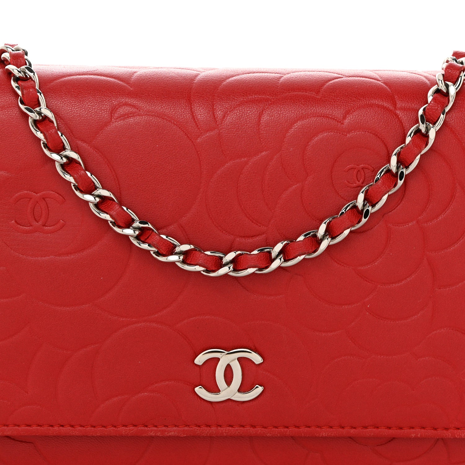 Chanel Lambskin Camellia Embossed Wallet On Chain WOC Red 9 of 16