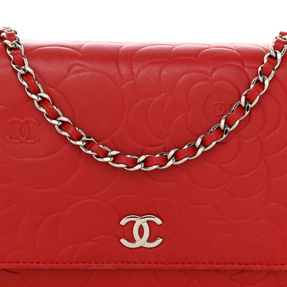 Chanel Lambskin Camellia Embossed Wallet On Chain WOC Red 9 of 16