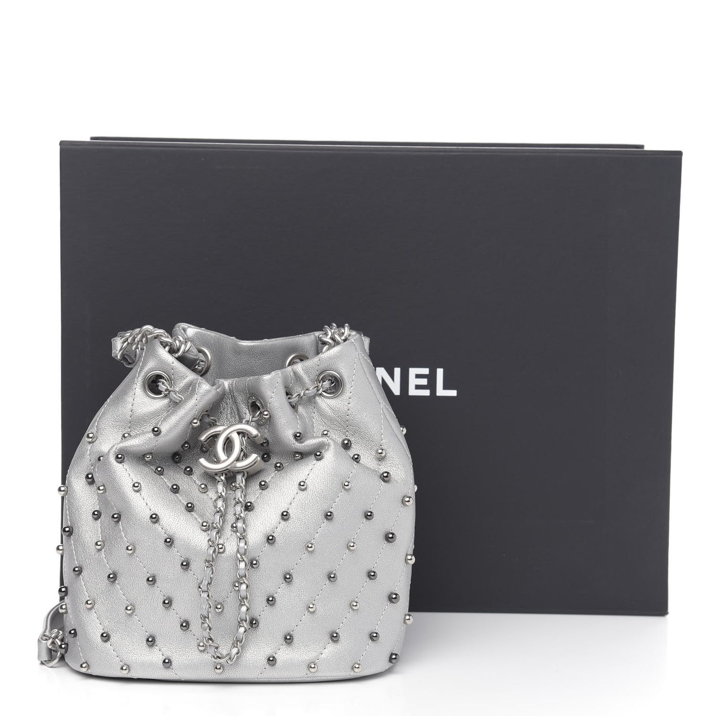 Metallic Lambskin Studded Chevron Quilted Small Stud Wars Drawstring Bag Silver