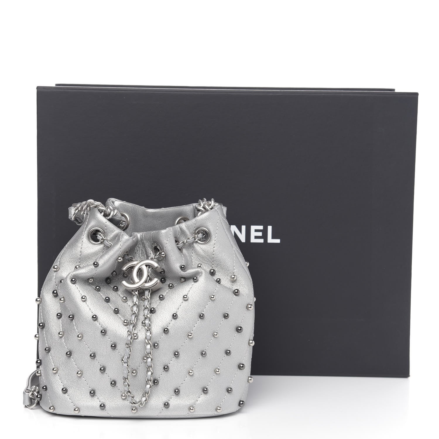 Chanel Metallic Lambskin Studded Chevron Quilted Small Stud Wars Drawstring Bag Silver 11 of 11