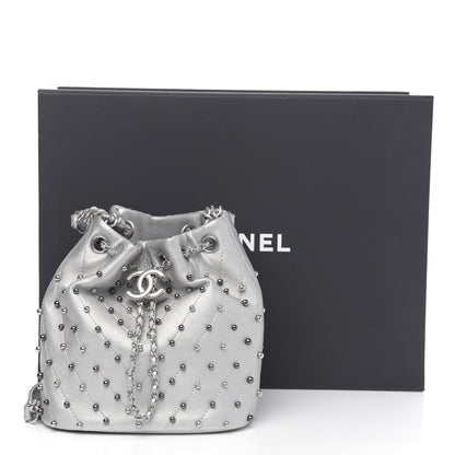 Chanel Metallic Lambskin Studded Chevron Quilted Small Stud Wars Drawstring Bag Silver 11 of 11