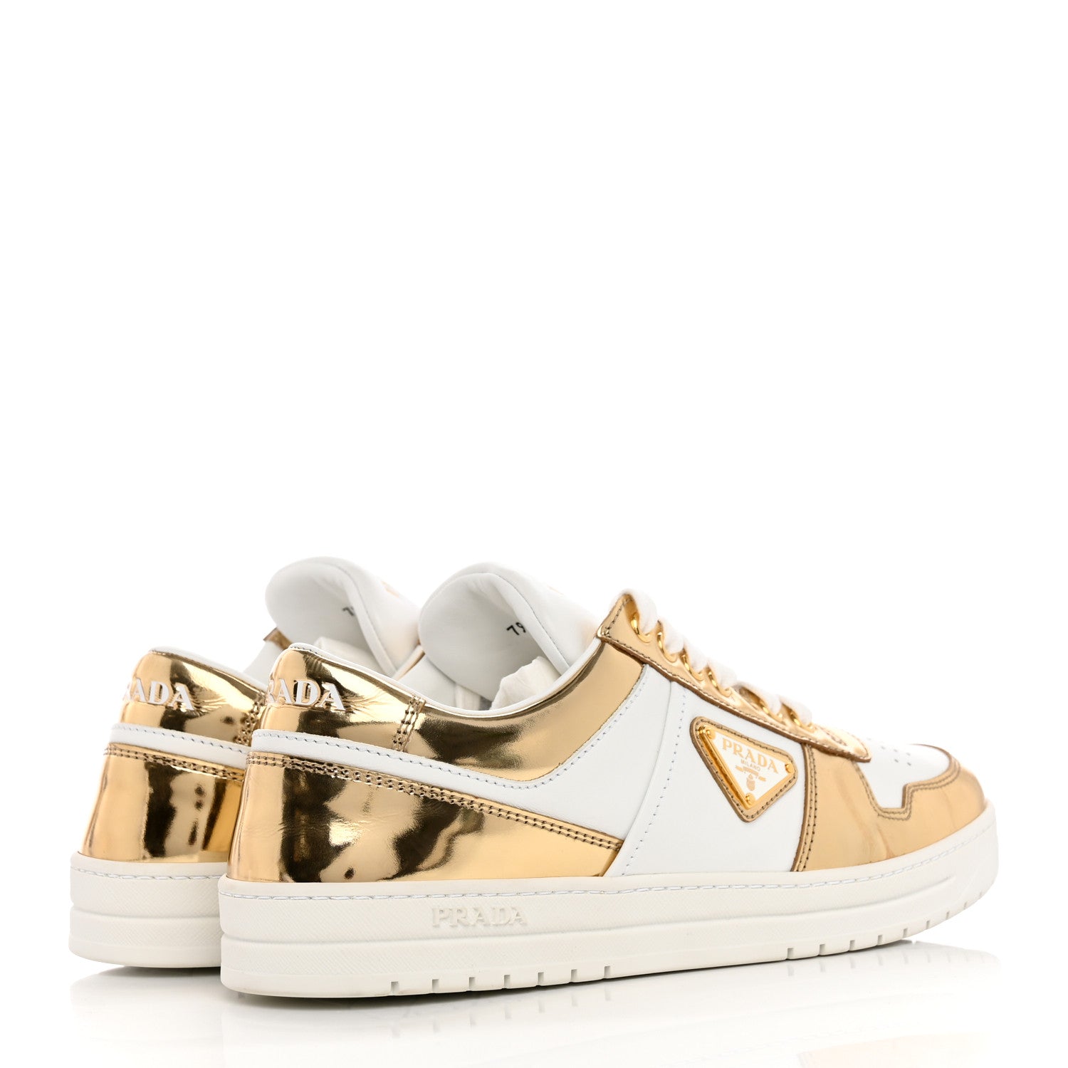 Prada Vitello Metallic Calfskin Metal Triangle Logo Womens Downtown Low Top 30mm Sneakers 41 White Platino 4 of 12