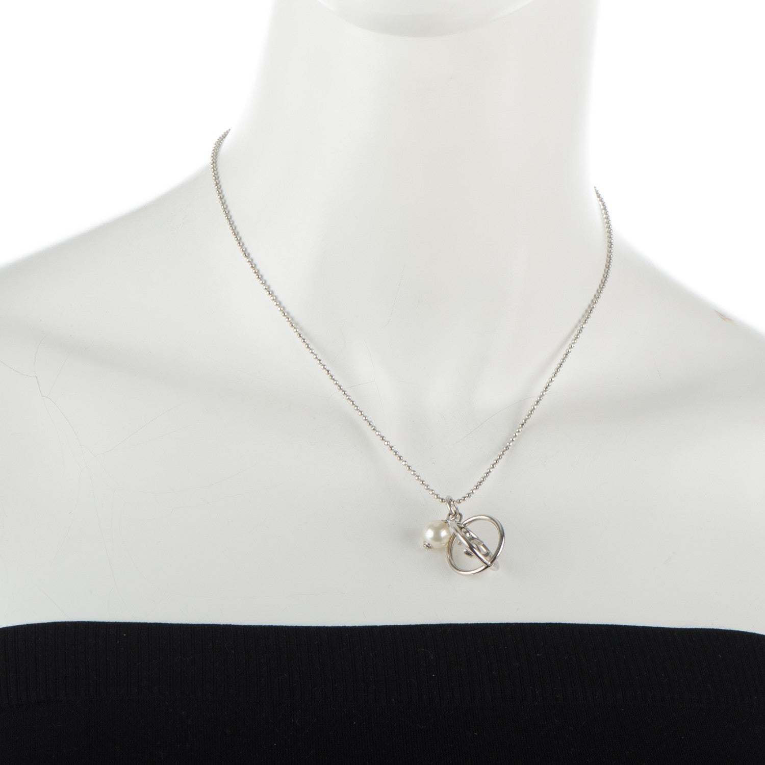 Chanel Pearl CC Pendant Necklace Silver 2 of 5