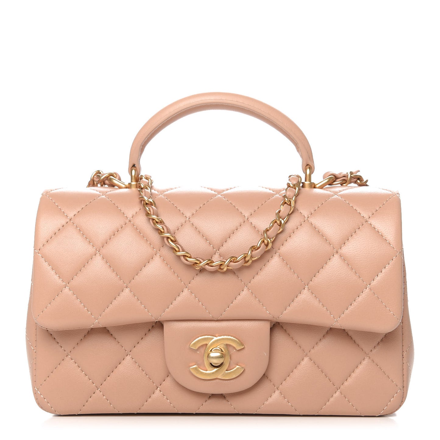 Lambskin Quilted Mini Top Handle Rectangular Flap Beige