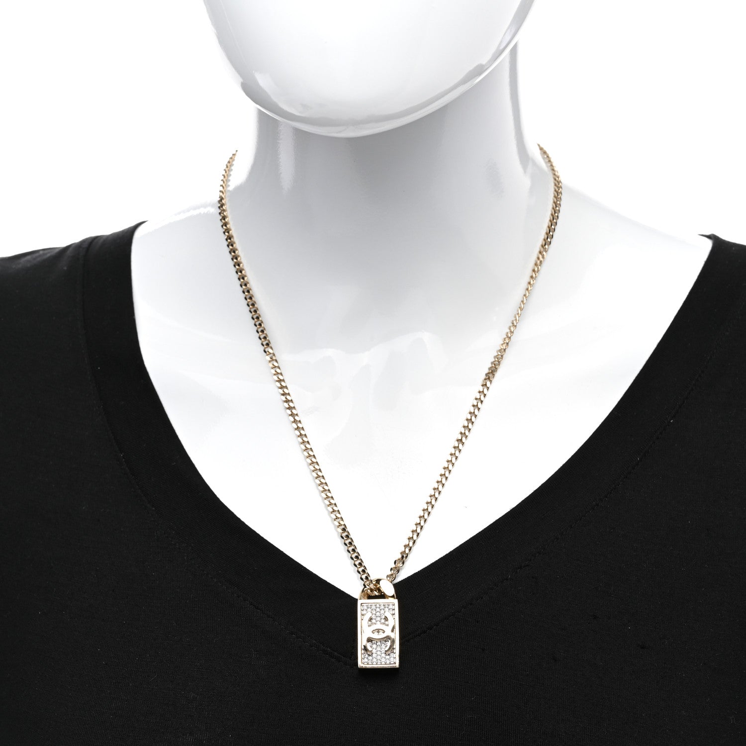 Chanel Crystal Dog Tag Charm Necklace Gold 2 of 6