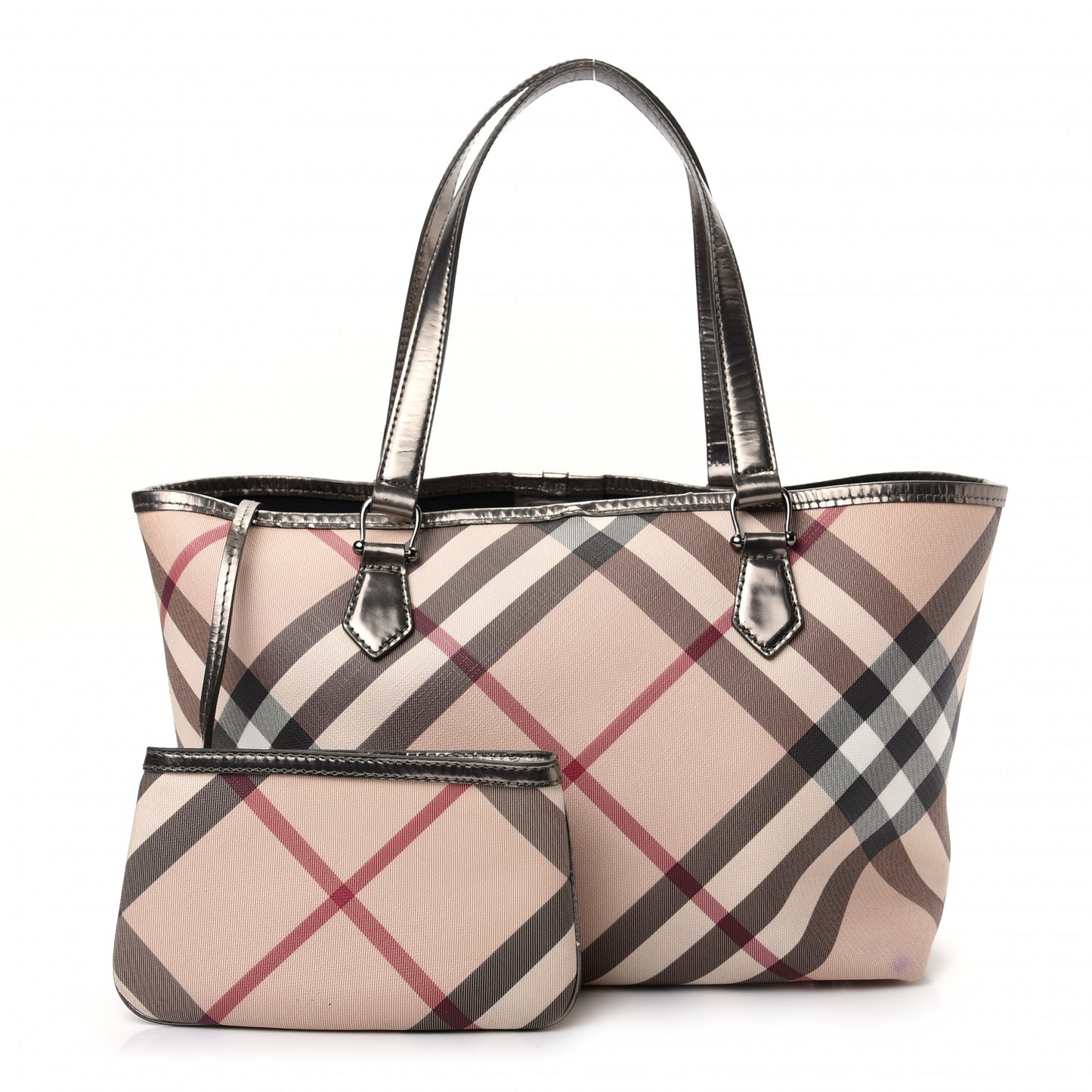 Metallic Calfskin Nova Check Small Nickie Tote Pewter