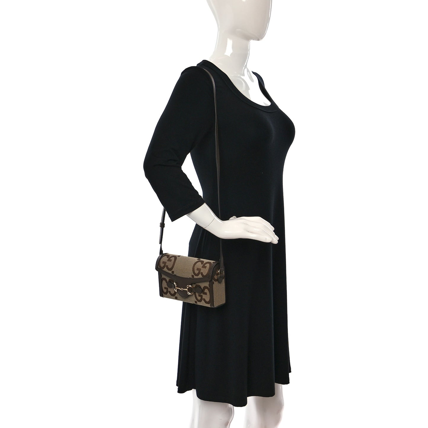 Monogram Jumbo GG Textured Dollar Calfskin Mini Horsebit 1955 Shoulder Bag Camel Ebony New Acero