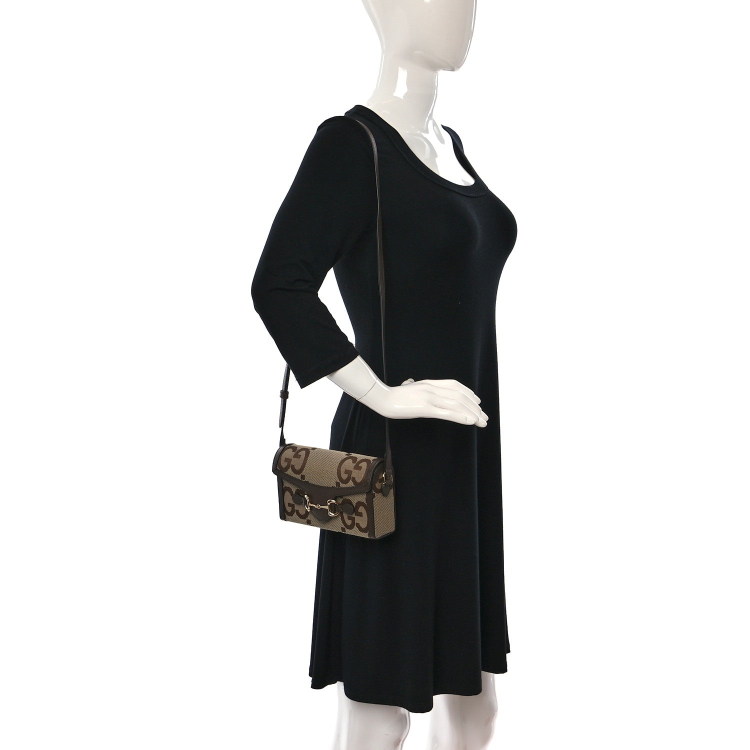 Gucci Monogram Jumbo GG Textured Dollar Calfskin Mini Horsebit 1955 Shoulder Bag Camel Ebony New Acero 3 of 12