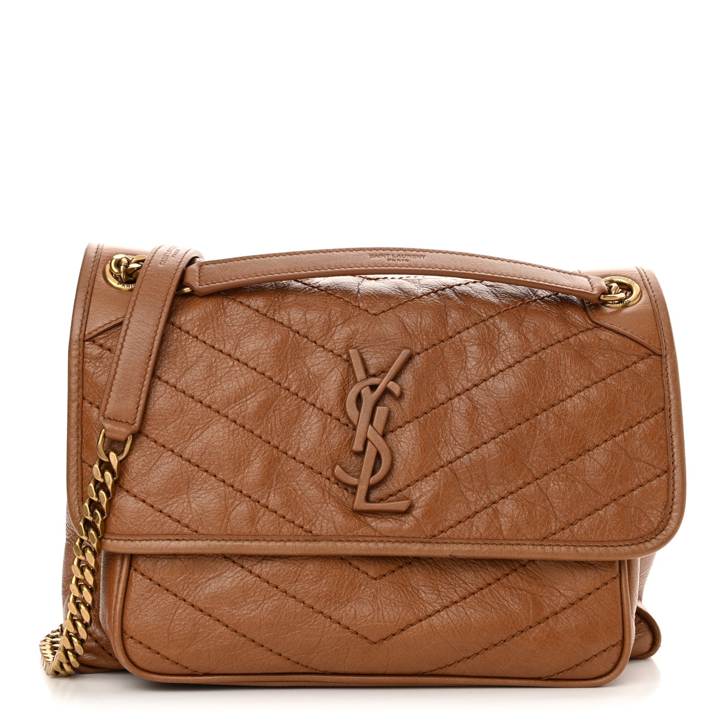 Crinkled Calfskin Matelasse Monogram Medium Niki Chain Satchel Caramel